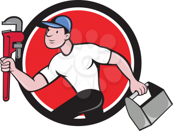 Illustration of a plumber wearing hat running carrying adjustable wrench and toolbox viewed from the side set inside circle on isolated background done in cartoon style. 
