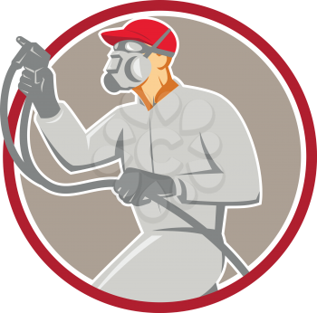 Illustration of car painter wearing mask holding paint spray gun spraying viewed from the side set inside circle done in retro style.