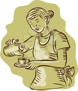 Etching engraving handmade style illustration of a waitress holding teapot and cup pouring tea vintage style on isolated background. 
