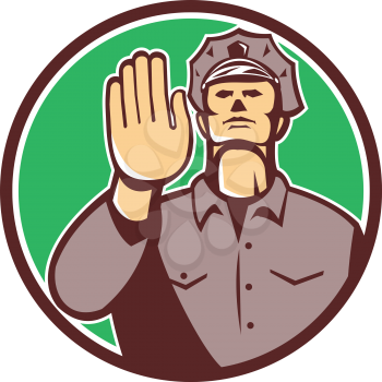 Illustration of a traffic policeman police officer holding hand up stop sign set viewed from front inside circle done in retro style on isolated background.