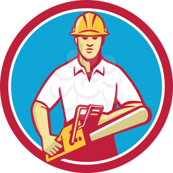 Illustration of a tree surgeon arborist gardener tradesman worker wearing hard hat  holding chainsaw facing front set inside circle done in retro style on isolated background.