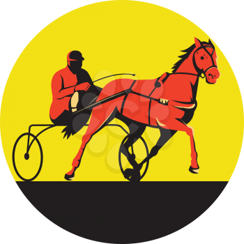 Illustration of a horse and jockey harness racing viewed from the side set inside circle on isolated background done in retro style.