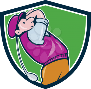 Cartoon vintage style illustration of a golfer playing golf swinging club teeing off looking up viewed from the side set inside shield crest on isolated background.
