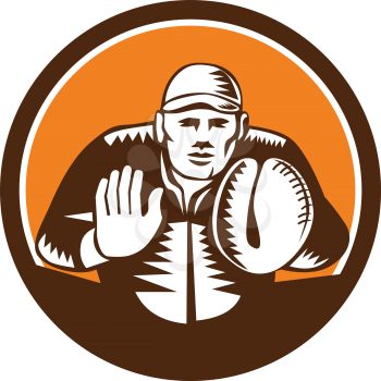 Illustration of a baseball catcher with gloves facing front set inside circle on isolated background done in retro woodcut style. 