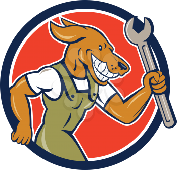 Illustration of a dog mechanic running holding spanner viewed from the side set inside circle done in cartoon style.