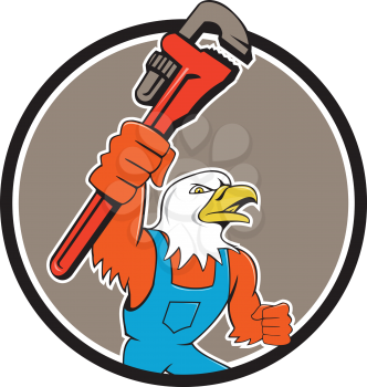 Illustration of an american bald eagle plumber holding monkey wrench looking to the side set inside circle done in cartoon style. 