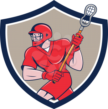 Illustration of a lacrosse player holding a crosse or lacrosse stick running viewed side from set inside shield crest on isolated background done in cartoon style.