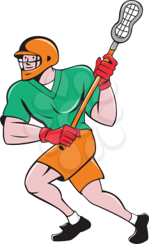 Illustration of a lacrosse player holding a crosse or lacrosse stick running viewed side from set on isolated white background done in cartoon style.