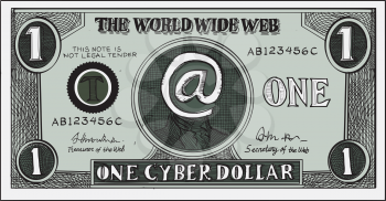 Etching engraving handmade style illustration of a play money for the world wide web or internet which shows a note of one cyber dollar.