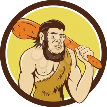 Illustration of a neanderthal man or caveman holding a club facing front set inside circle on isolated white background done in cartoon style.
