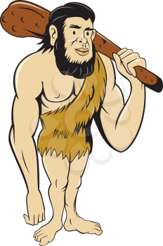 Illustration of a caveman or neanderthal man standing holding a club facing front on isolated white background done in cartoon style.