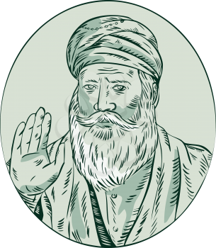 Etching engraving handmade style illustration of a Sikh guru nanak ji priest waving viewed from front set inside oval. 