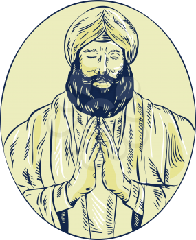Etching engraving handmade style illustration of a Sikh guru or priest praying viewed from front set inside oval.