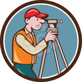 Illustration of a surveyor geodetic engineer looking through theodolite instrument surveying viewed from side set inside circle done in cartoon style. 