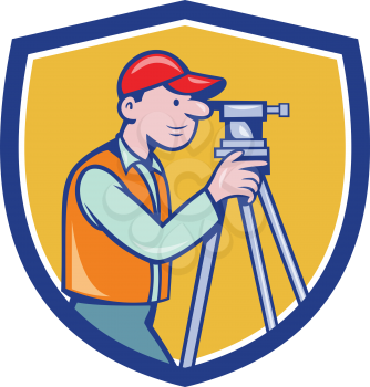 Illustration of a surveyor geodetic engineer looking through theodolite instrument surveying viewed from side set inside shield crest done in cartoon style. 