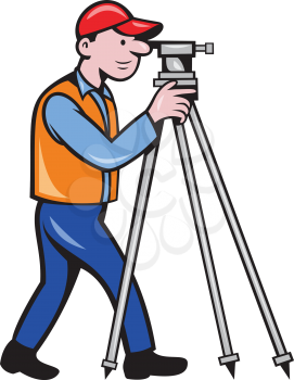 Illustration of a surveyor geodetic engineer looking through theodolite instrument surveying viewed from side set on isolated white background done in cartoon style. 