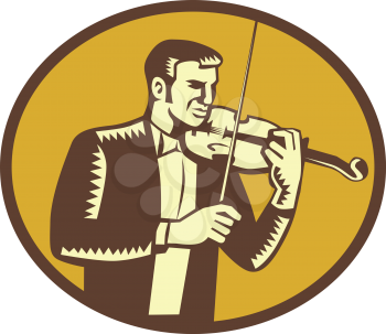 Retro woodcut style illustration of a violinist musician playing violin viewed from front set inside oval shape set on isolated background done. 
