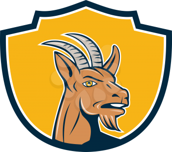 Illustration of mountain goat head looking to the side set inside shield crest on isolated background done in cartoon style. 