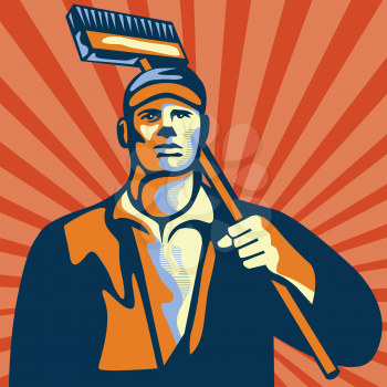 Illustration of a street cleaner worker holding a broom on shoulder viewed from front set inside square shape with sunburst in the background done in retro style.