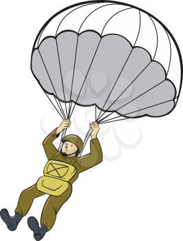 Illustration of an American World War two paratrooper soldier serviceman with parachute on isolated white background done in cartoon style. 
