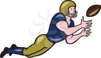 Illustration of an american football gridiron wide receiver player catching ball viewed from side set on isolated white background done in cartoon style.