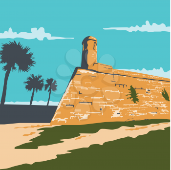WPA style illustration of Fort Marion in St. Augustine, Florida, United States the oldest place of European settlement on the North-American Continent done in retro style. 