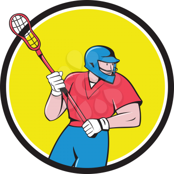 Illustration of a lacrosse player holding a crosse or lacrosse stick running looking to the side viewed from front set inside circle on isolated background done in cartoon style.