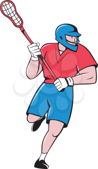 Illustration of a lacrosse player holding a crosse or lacrosse stick running looking to the side viewed from front set on isolated white background done in cartoon style.