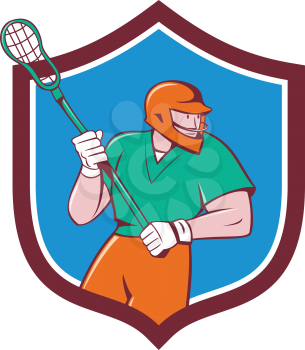 Illustration of a lacrosse player holding a crosse or lacrosse stick running looking to the side viewed from front set inside shield crest on isolated background done in cartoon style.