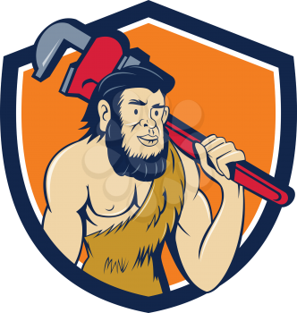 Illustration of a neanderthal man or caveman plumber holding monkey wrench on shoulder set inside shield crest on isolated background done in cartoon style.