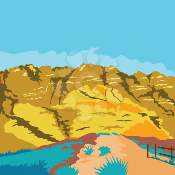WPA style illustration of Red Rock Canyon Nevada's first National Conservation Area in the Mojave Desert done in retro style. 