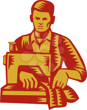 Illustration of a tailor machinist with sewing machine sewing facing front set on isolated white background done in retro woodcut style. 