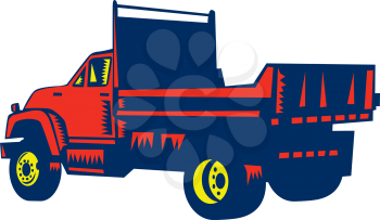 Illustration of a flatbed truck viewed from rear set on isolated white background done in retro woodcut style. 