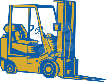 Illustration of a forklift truck viewed from the side set on isolated white background done in retro woodcut sytle. 