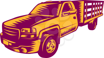 Illustration of a pick-up truck viewed from front set on isolated background done in retro woodcut style. 