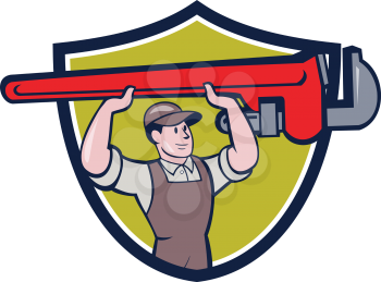 Illustration of a plumber in overalls and hat lifting giant monkey wrench over head looking to the side viewed from front set inside shield crest on isolated background done in cartoon style. 