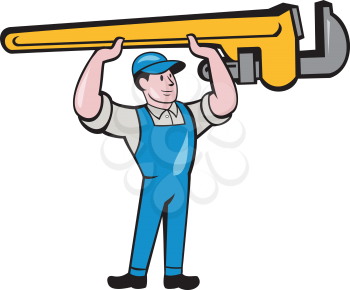 Illustration of a plumber in overalls and hat lifting giant monkey wrench over head looking to the side viewed from front set on isolated white background done in cartoon style. 