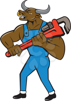 Illustration of a minotaur bull plumber in overalls holding adjustable wrench standing looking to the side set on isolated white background done in cartoon style. 
