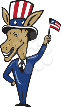 Illustration of a democrat donkey mascot of the democratic grand old party gop smiling looking to the side with one hand on hip and the other waving american usa flag wearing american stars and stripe