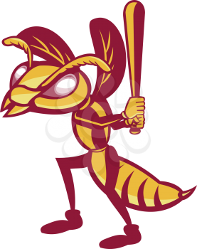 Illustration of a hornet wasp vespa crabro baseball player batting set on isolated white background done in retro style. 