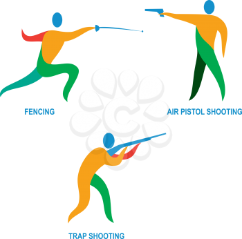 Icon illustration of an athlete sportsperson playing shooting, air pistol, trap shooting and fencing. 