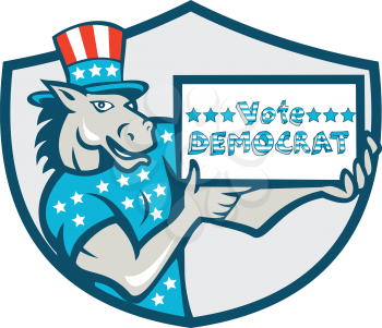 Illustration of a democrat donkey mascot of the democratic grand old party gop wearing American stars and stripes flag shirt and hat presenting holding Vote Democrat sign done in cartoon style set ins