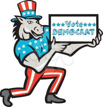 Illustration of a democrat donkey mascot of the democratic grand old party gop wearing American stars and stripes flag clothes and hat presenting holding Vote Democrat sign done in cartoon style.