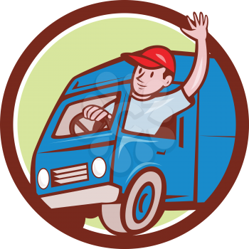 Illustration of a delivery man wearing hat waving driving delivery van truck set inside circle on isolated background done in cartoon style. 