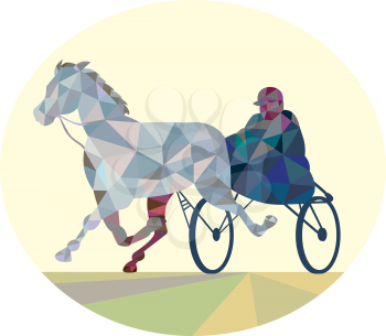 Low polygon style illustration of a horse and jockey harness racing viewed from the front set on isolated white background.