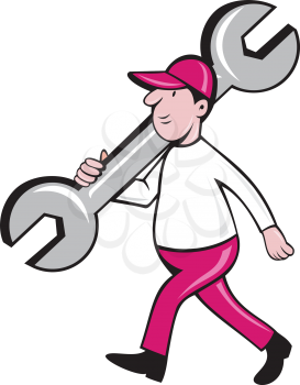 Illustration of a mechanic wearing hat holding monkey wrench spanner on shoulder walking viewed from the side set on isolated white background done in cartoon style. 
