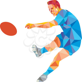 Low polygon style illustration of a rugby player kicking ball front view on isoalated white background.
