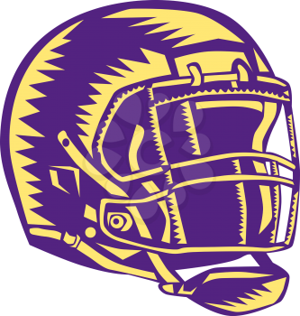 Illustration of an american football helmet on isolated white background done in retro woodcut style. 