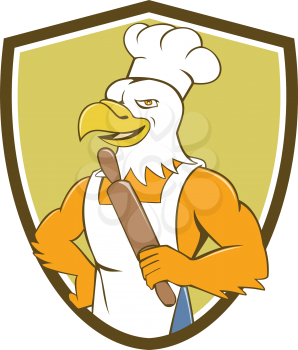 Illustration of a bald eagle baker chef cook holding rolling pin looking to the side  set inside shield crest done in cartoon style. 