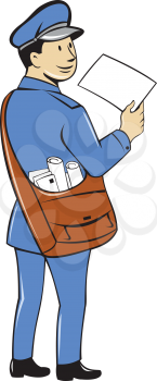Illustration of a mailman postman delivering a letter looking to the side viewed from rear set on isolated white background done in cartoon style. 
